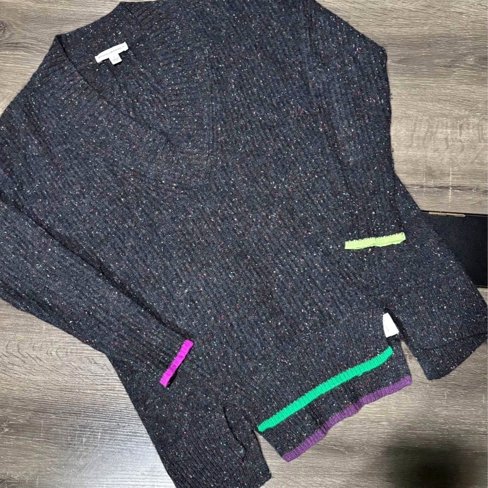 White + Warren Black Cashmere V-Neck Tunic Sweater with Colorful Trim, Large